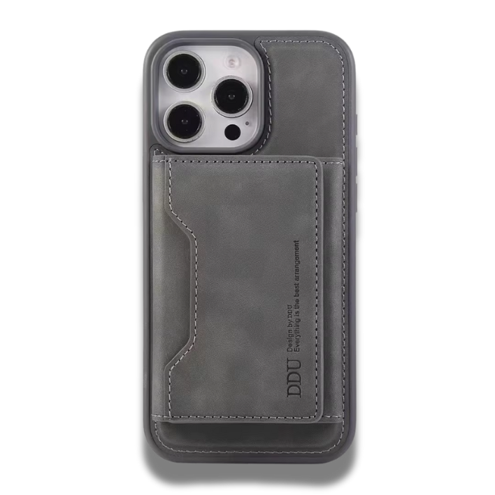 coque iphone en cuir PU avec porte cartes magnétique détachable Gris